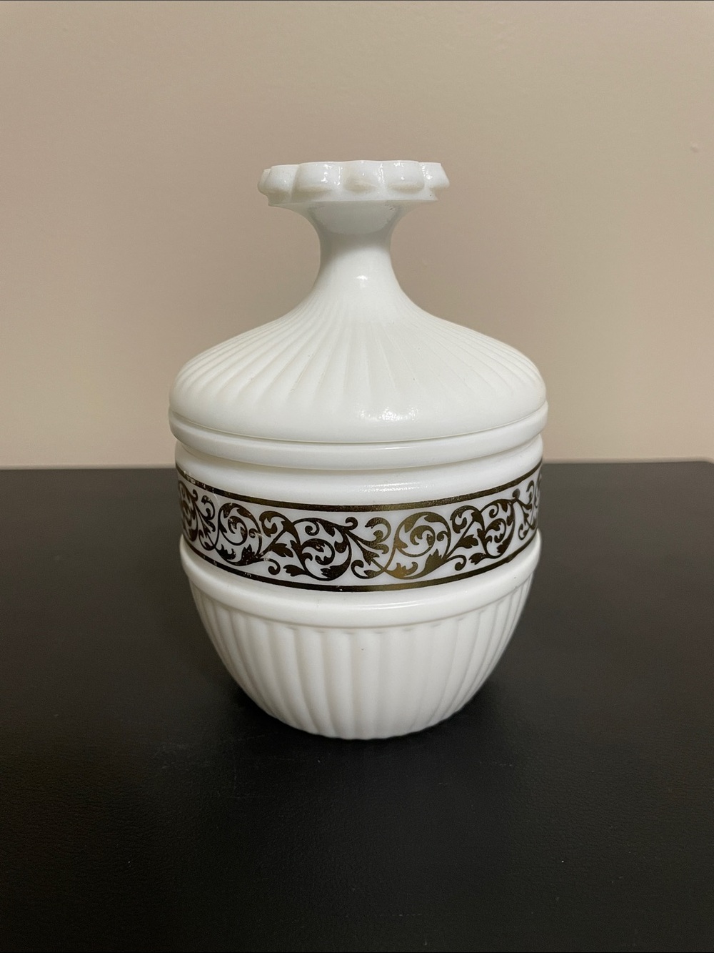 Vintage Avon White Milk Glass Jar with Gold Scroll Band